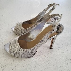 Donald Pliner Metallic Snakeskin Print Peep Toe Sling Back Heels